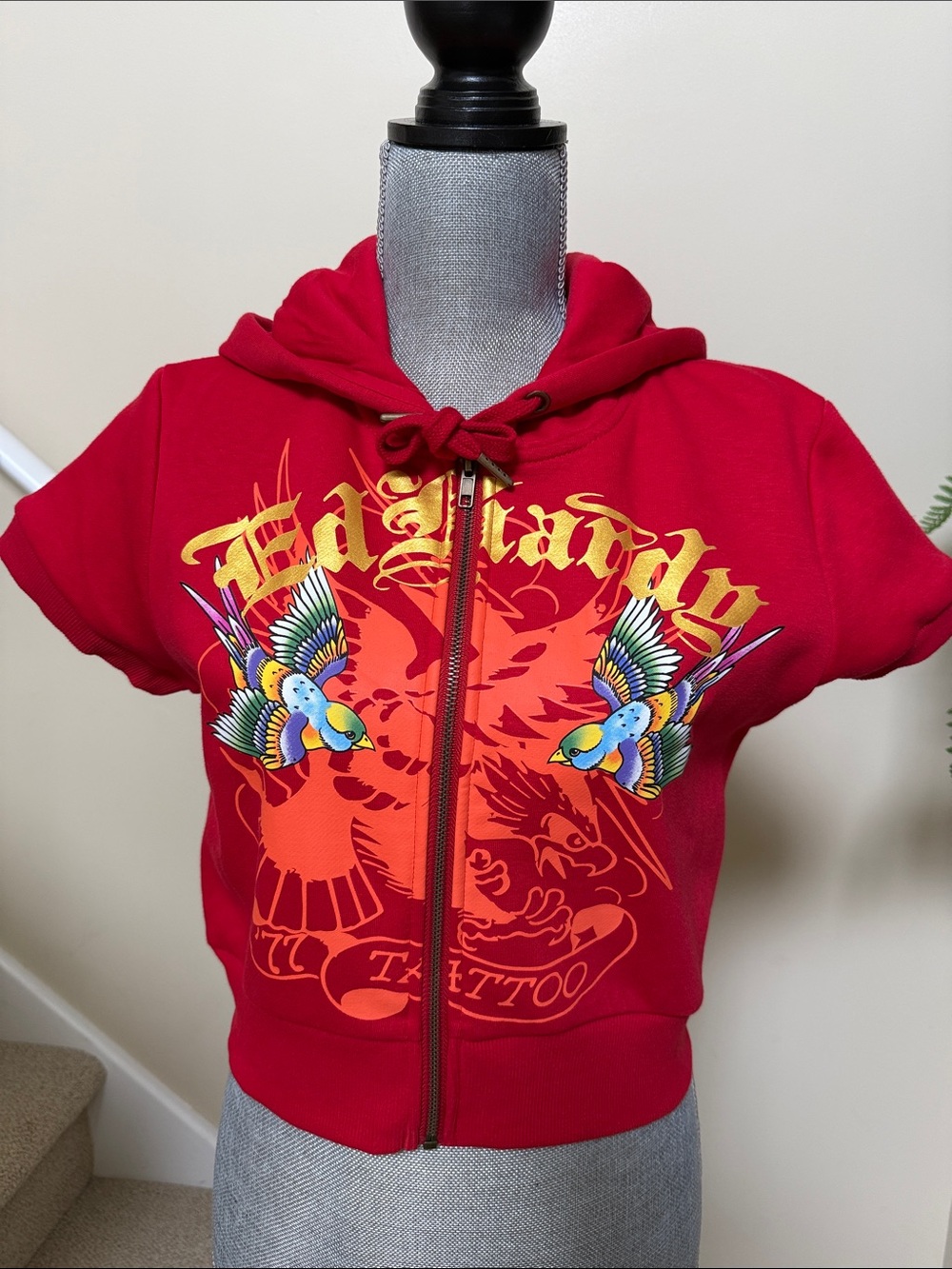 Ed Hardy Red Zip-Up juniors zip swearshirt with Colorful Bird Graphics. Size L.